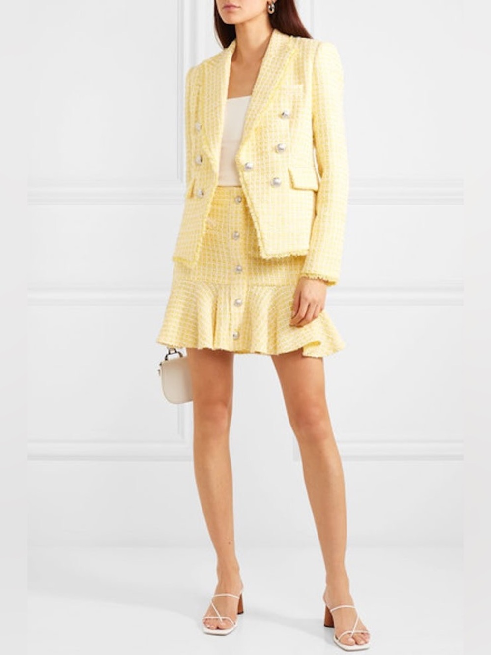 Veronica Beard Yellow Bouclé Tweed Mini Skirt Crest Button Ruffle Hem Size 12